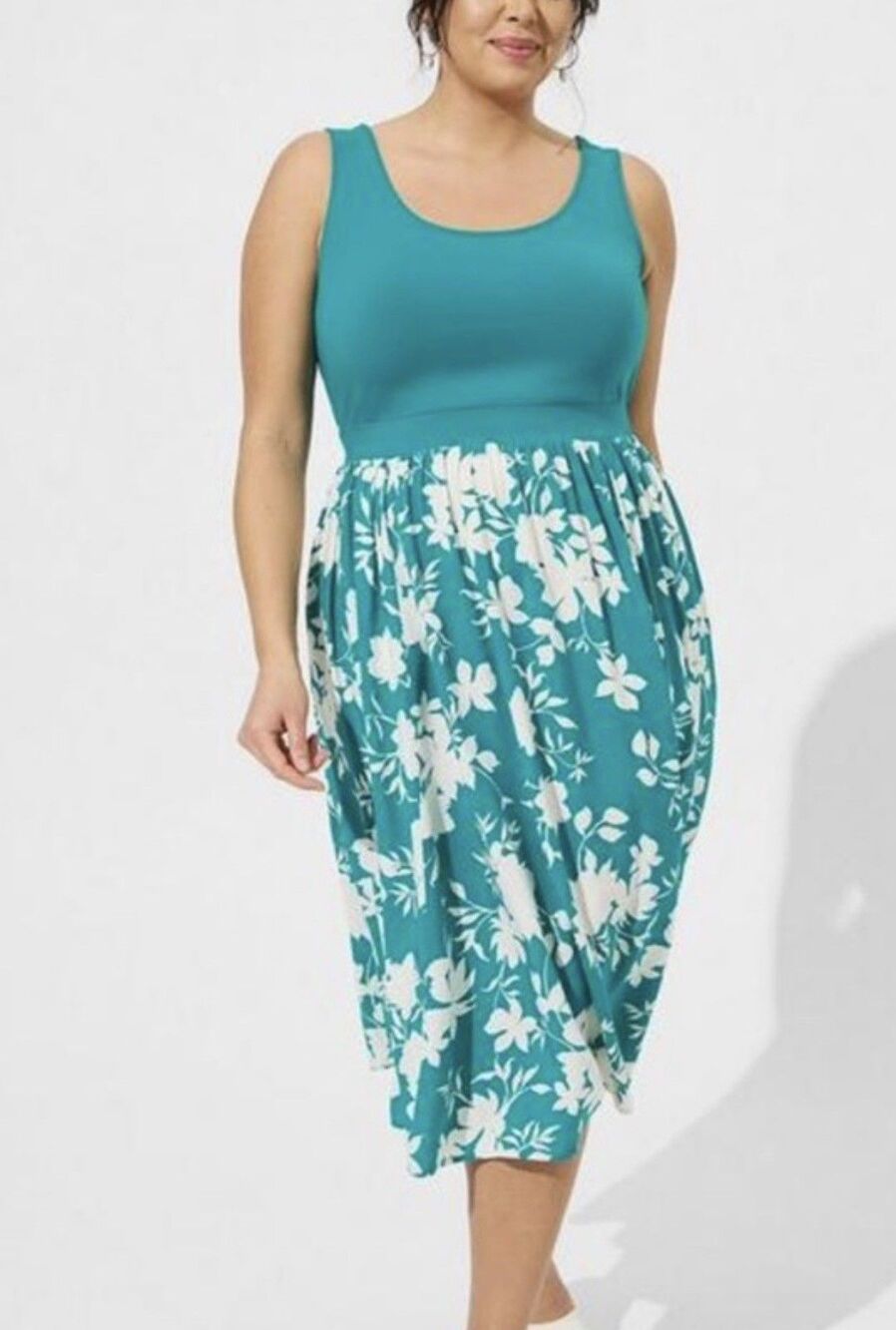 Torrid Foxy Challis Midi Dress Womens Sz 1 Teal Green Floral Pockets